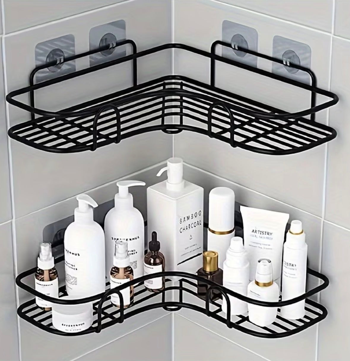 Stainless Steel Corner Shower Shelf - Rust-Proof, Double Groove Patch | Color black