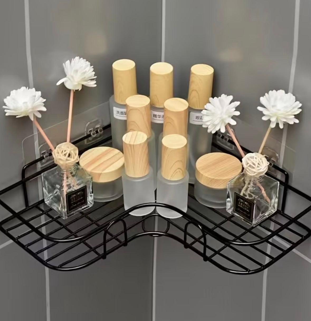 Stainless Steel Corner Shower Shelf - Rust-Proof, Double Groove Patch | Color black