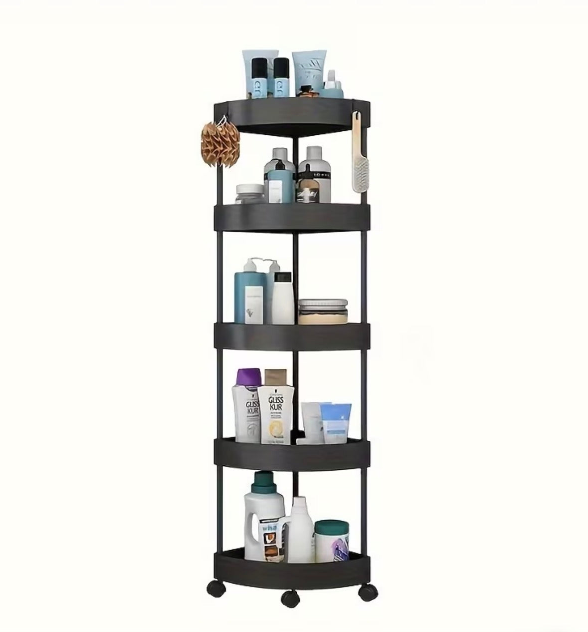 [Space-Saving Bathroom Shelf] 5-Tier Black Plastic Corner Shower Cart