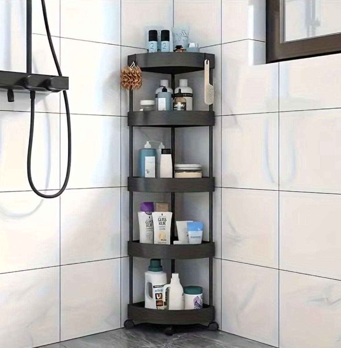 [Space-Saving Bathroom Shelf] 5-Tier Black Plastic Corner Shower Cart