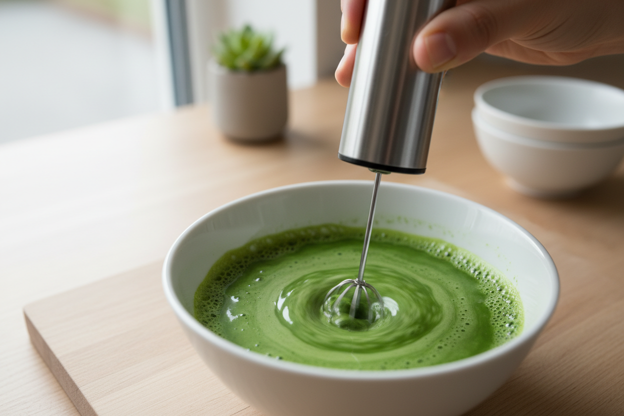 Person using a electric hand held frother mixing macha